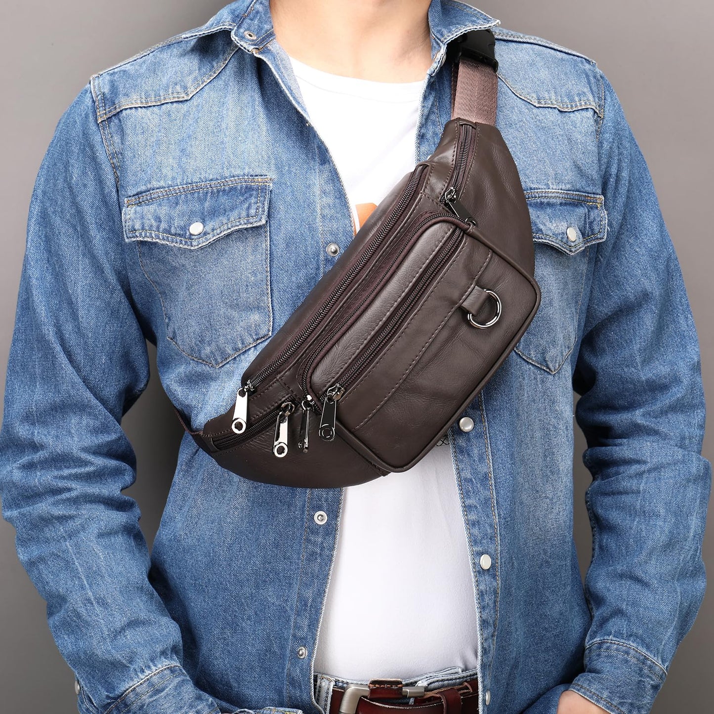 Genuine Leather Fanny Pack HandMade Durable cowhide Waist Bag Lots of Anti-theft zipper pocket Coffee