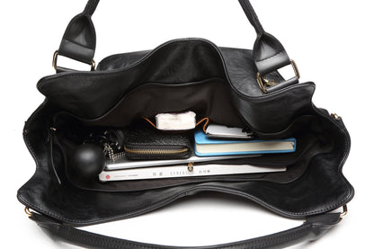 Women Tote Bag Handbags PU Leather Fashion Hobo Shoulder Bags with Adjustable Shoulder Strap (Black, L)