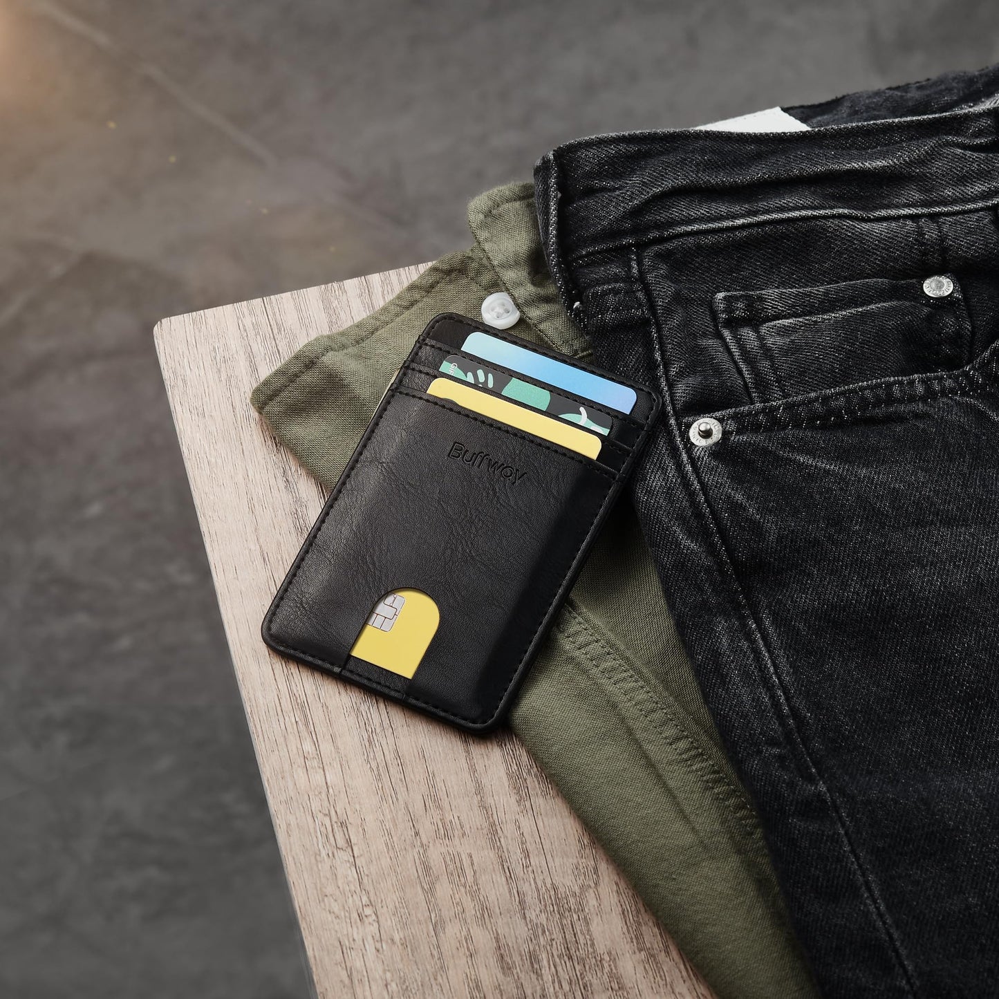 Buffway Mens Slim Wallet, Minimalist Thin Front Pocket Leather Credit Card Holder with RFID Blocking for Work Travel - Slate Black