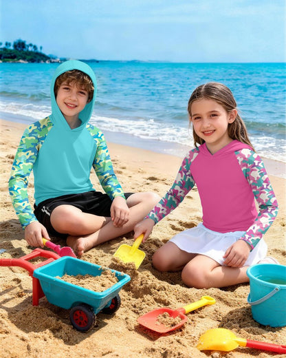 DRONIRING Boys Rash Guard Swim Hoodie, UPF 50+ UV Sun Protection Long Sleeve Fishing Shirt, Kids Youth SPF Water Shirts Deep Pink