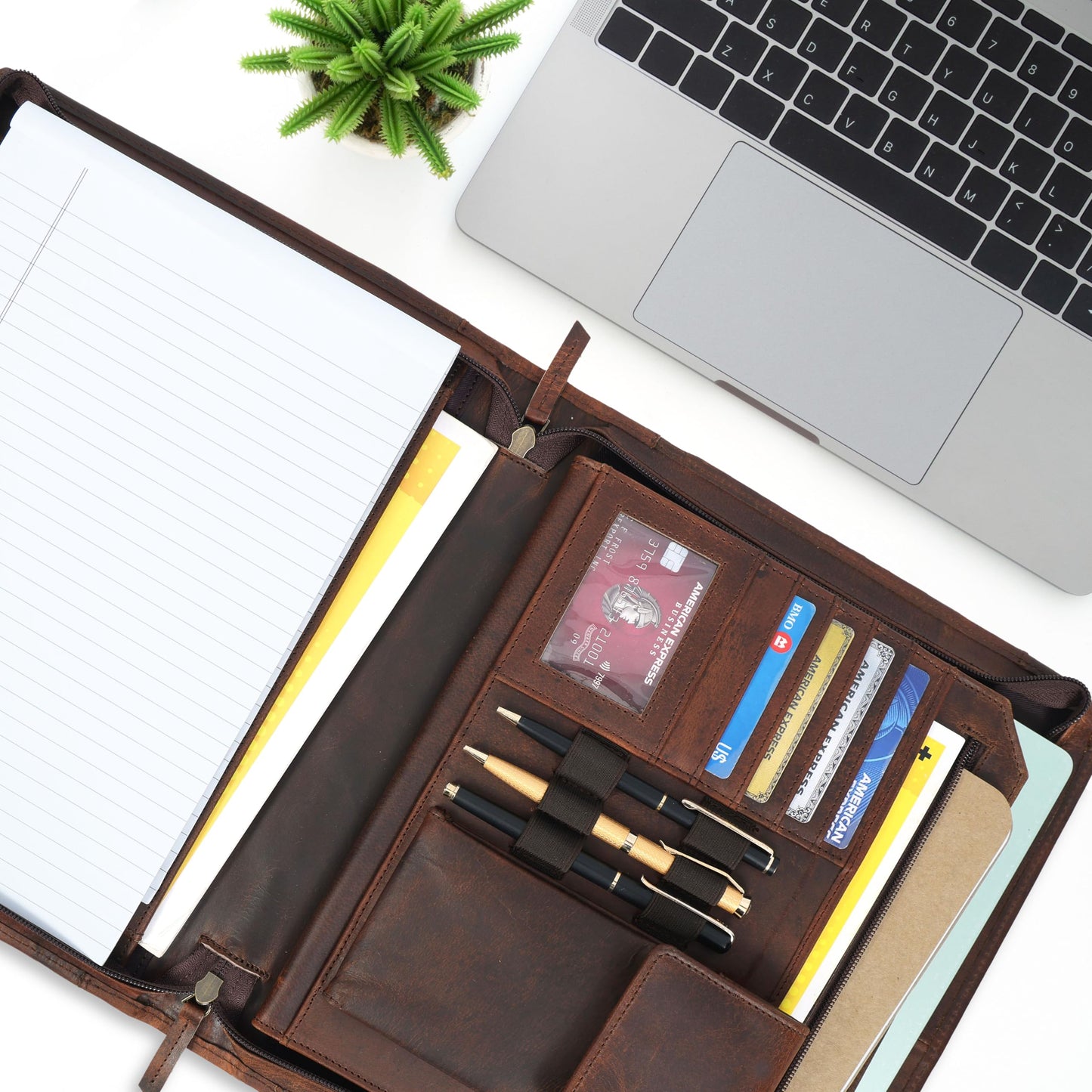 Leather Portfolio for Men, Portfolio Organizer with Zipper for Men Women, Leather Padfolios Business Resume Legal Pad Notebook Binder for A4/Pad (Brown)