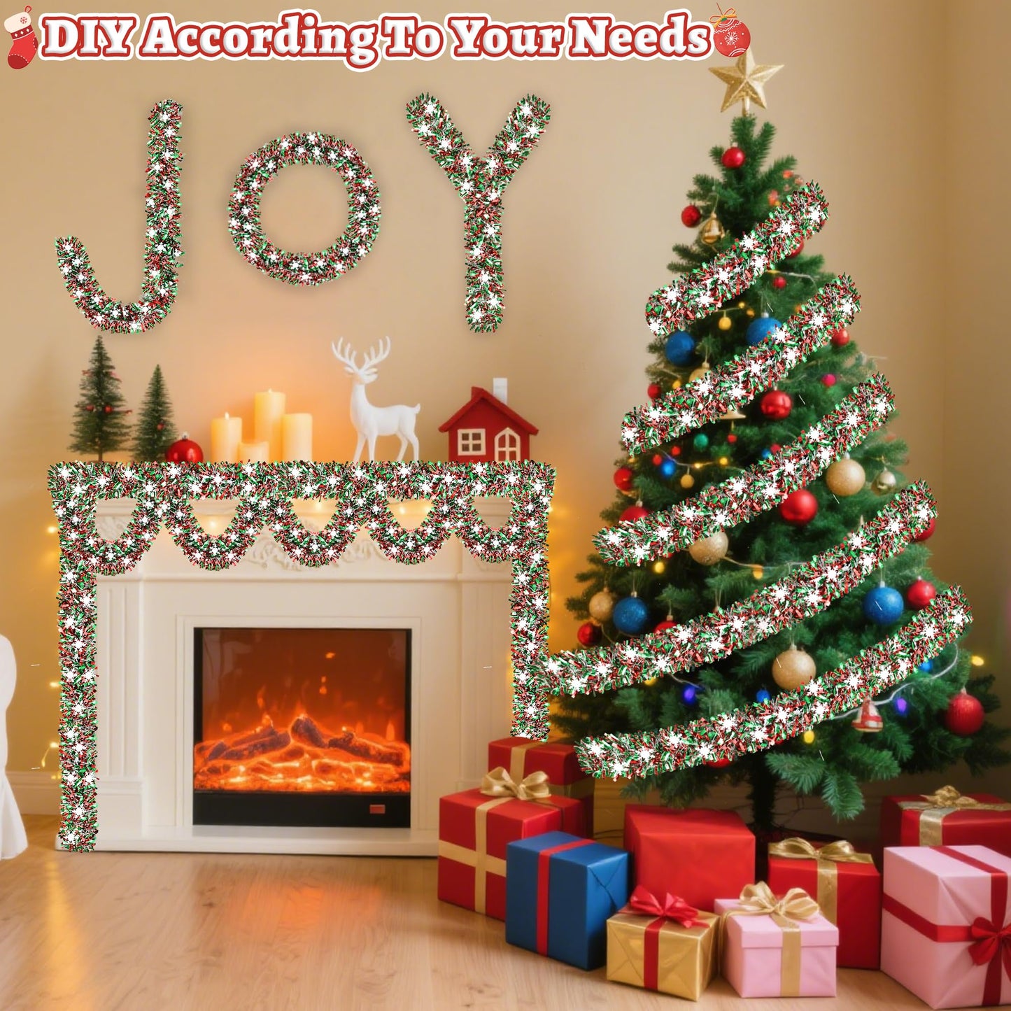 50 FT Christmas Decorations, Christmas Tinsel Garland with Snowflake Shiny Metallic Twist Red Green Silver Christmas Garland for Home Tree Mantle Stairs Indoor Outdoor Xmas Party Decorations