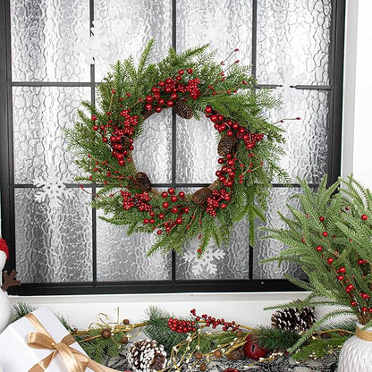 JINGHONG Artificial Christmas Wreath 22 Inch Christmas Wreaths for Front Door Winter Wreath with Red Berries Pine Cones Needles for Indoor Outdoor Xmas Winter Holidays