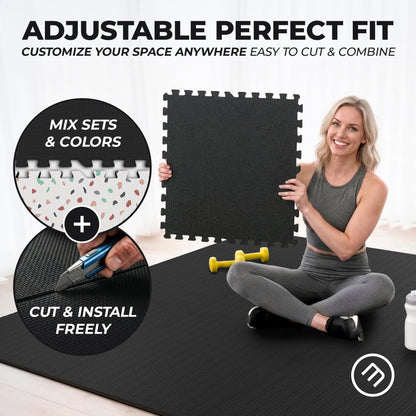 bemaxx Gym Mats Set - 12 pcs EVA Interlocking Foam Floor Tiles (24.4"x24.4"x0.4") 48 sqft Protective Gym Flooring Sports Home Workout Exercise Mats Puzzle Garage Fitness Play-Room Pool Treadmill Bike