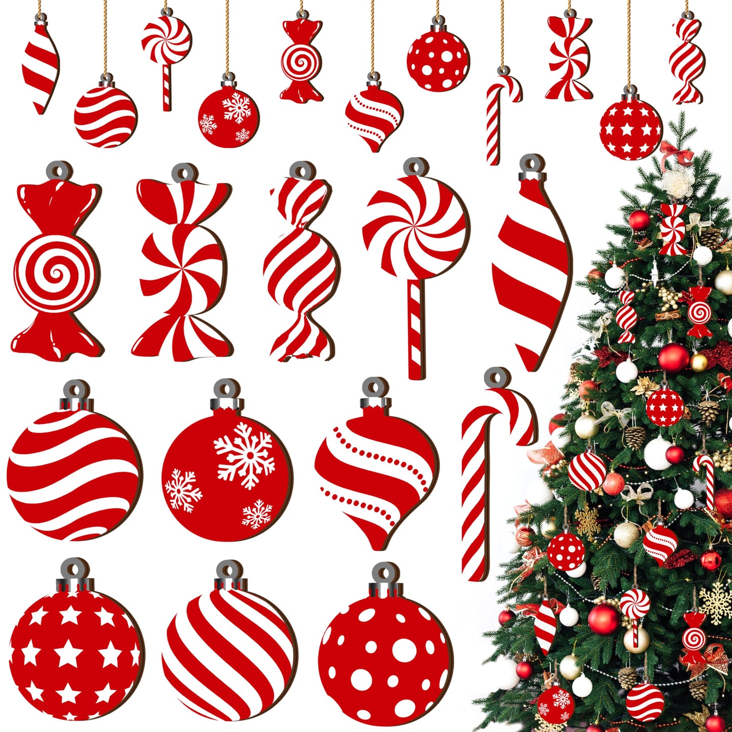 Christmas Candy Lollipop Ornaments Set -24Pcs for Xmas Tree Decoration Wooden Hanging Peppermint Candy Cane Ball Pendants for New Year Home Decor Party Supplies (Red)