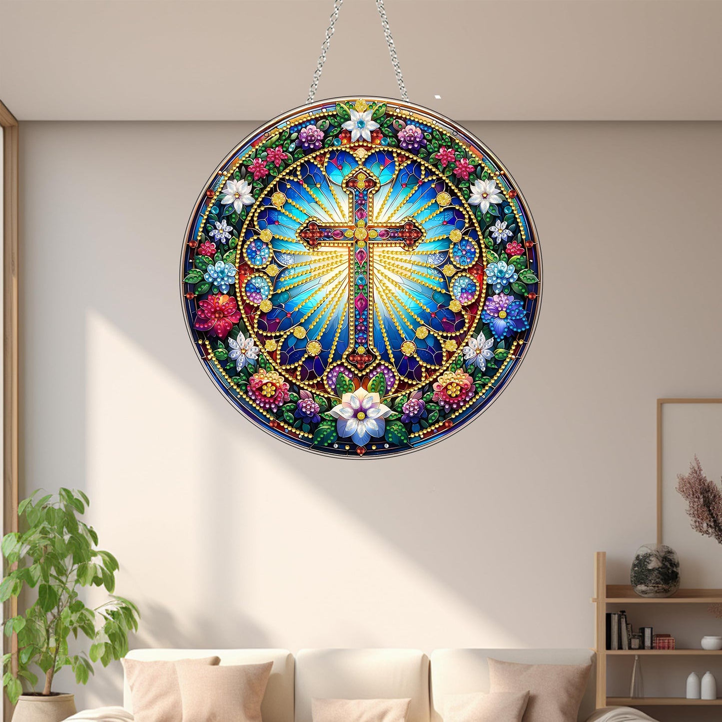 DIY Acrylic Diamond Art Painting Wreath Kits Special Shaped Rhinestone 5D Diamond Art Window Pendants Home Garden Wall Hanging Kits Hanging Ornament (Cross-2)