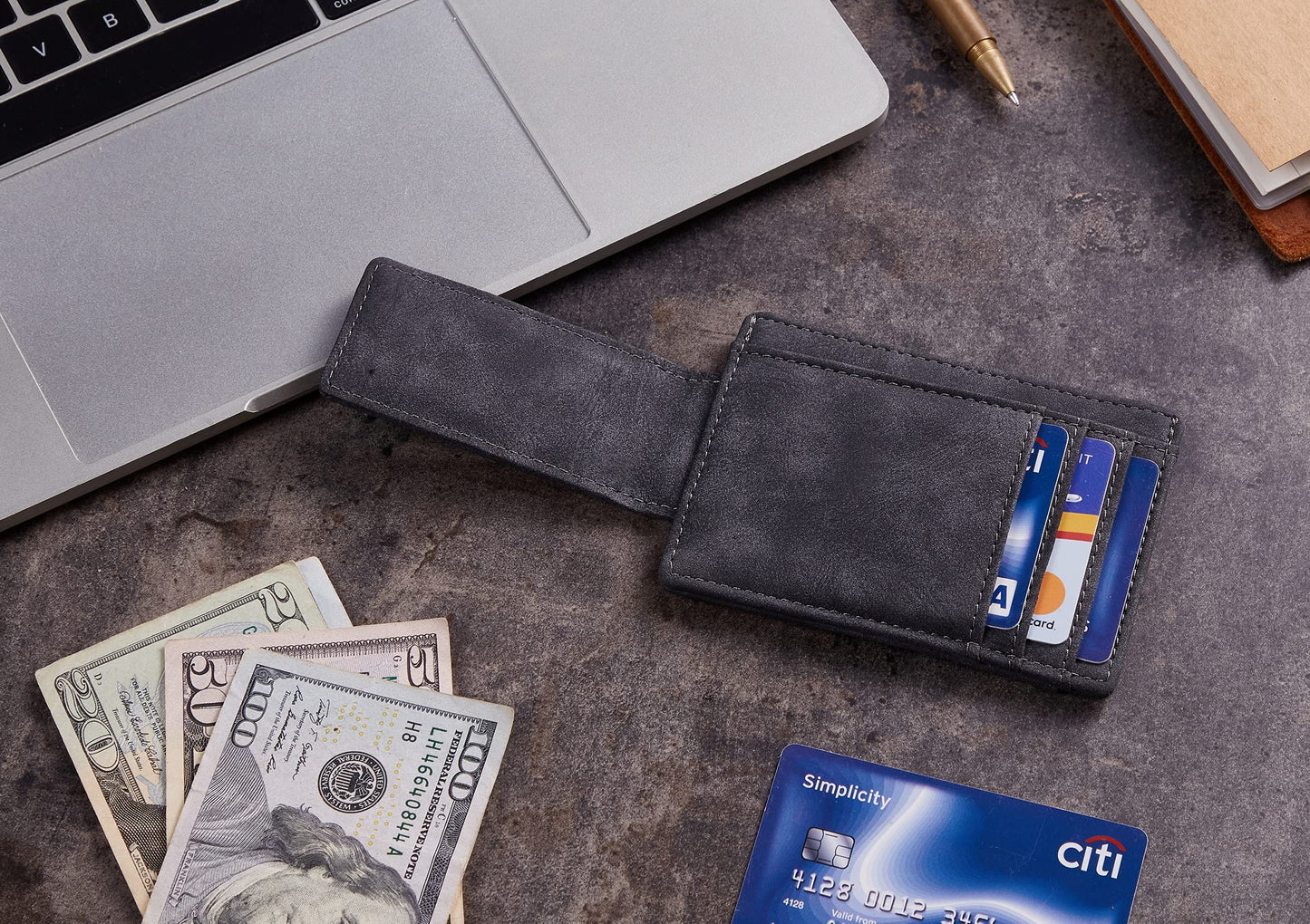 Toughergun Minimalist Wallet for Men with Magnetic Money Clip Leather Slim Wallet, Credit Card Holder RFID Blocking Front Pocket Holds Cash and Cards (Deep Grey)