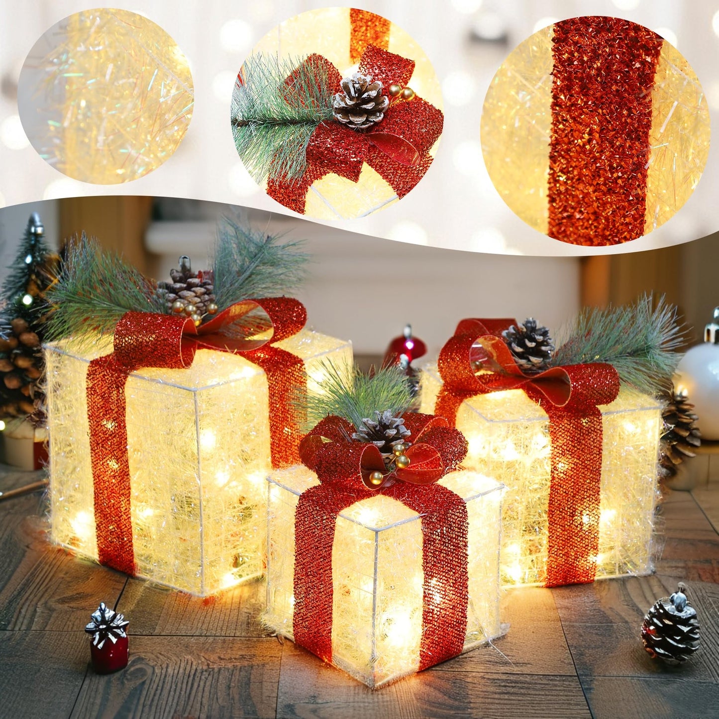 Teoytm Set of 3 Christmas Lighted Gift Boxes Decorations, Lighted Present Box for Christmas Under Tree Indoor Decoration