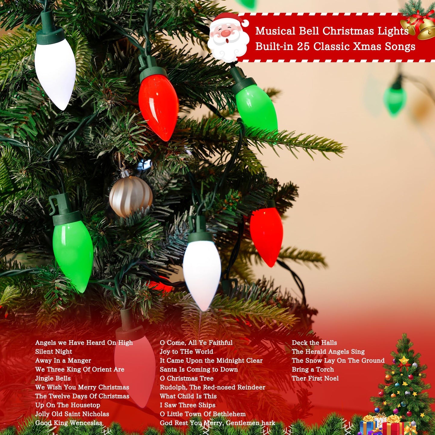 HAYATA Music Christmas Lights 35 LED C9 String Light - Fairy Xmas Decor Lighting for Outdoor, Indoor, Patio, Party, Home, Wreath, Garland, Christmas Tree Decoration. (Red&White&Green)