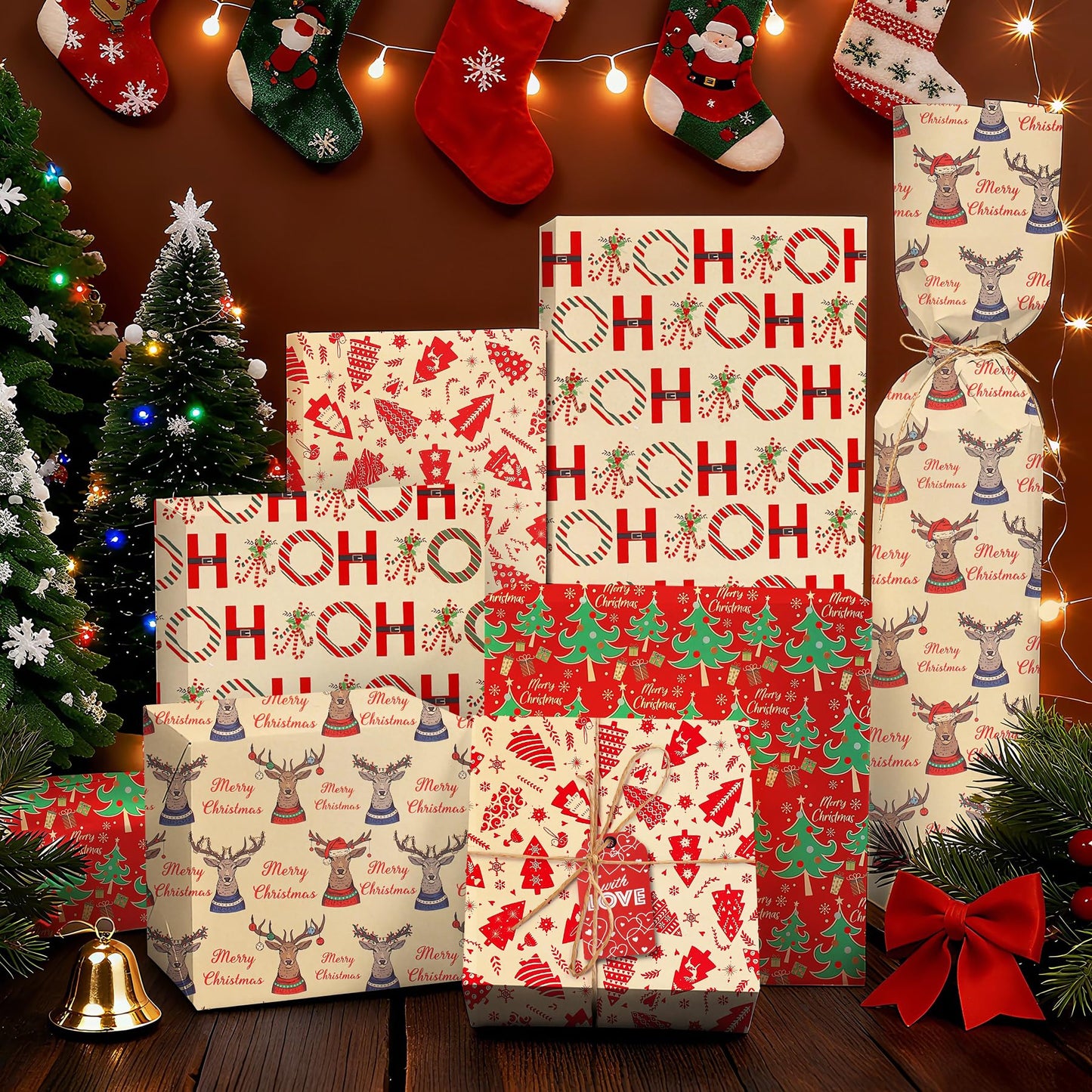 ENFANTRY Christmas Wrapping Paper, 4 Sheets Gift Wrapping Paper Bundle, Christmas Tree Reindeer Head Xmas Gift Paper, Thick Kraft Brown Paper for Chrimas, Birthday, New Year, Valentines, Wedding, Holiday Deco, DIY