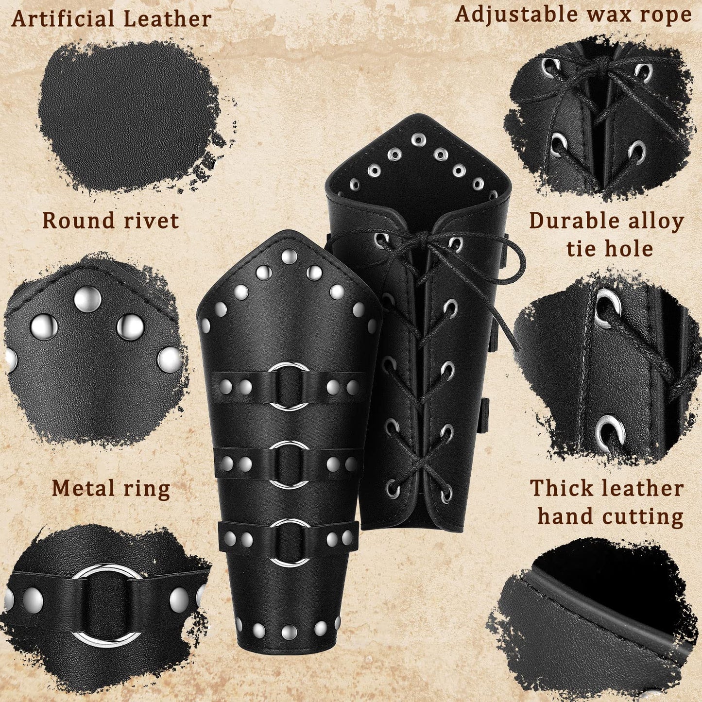 Patelai 1 Pair Faux Leather Arm Guards Arm Bracers Leather Gauntlet Medieval Viking Cosplay Accessories for Men Women(Black,One Size)