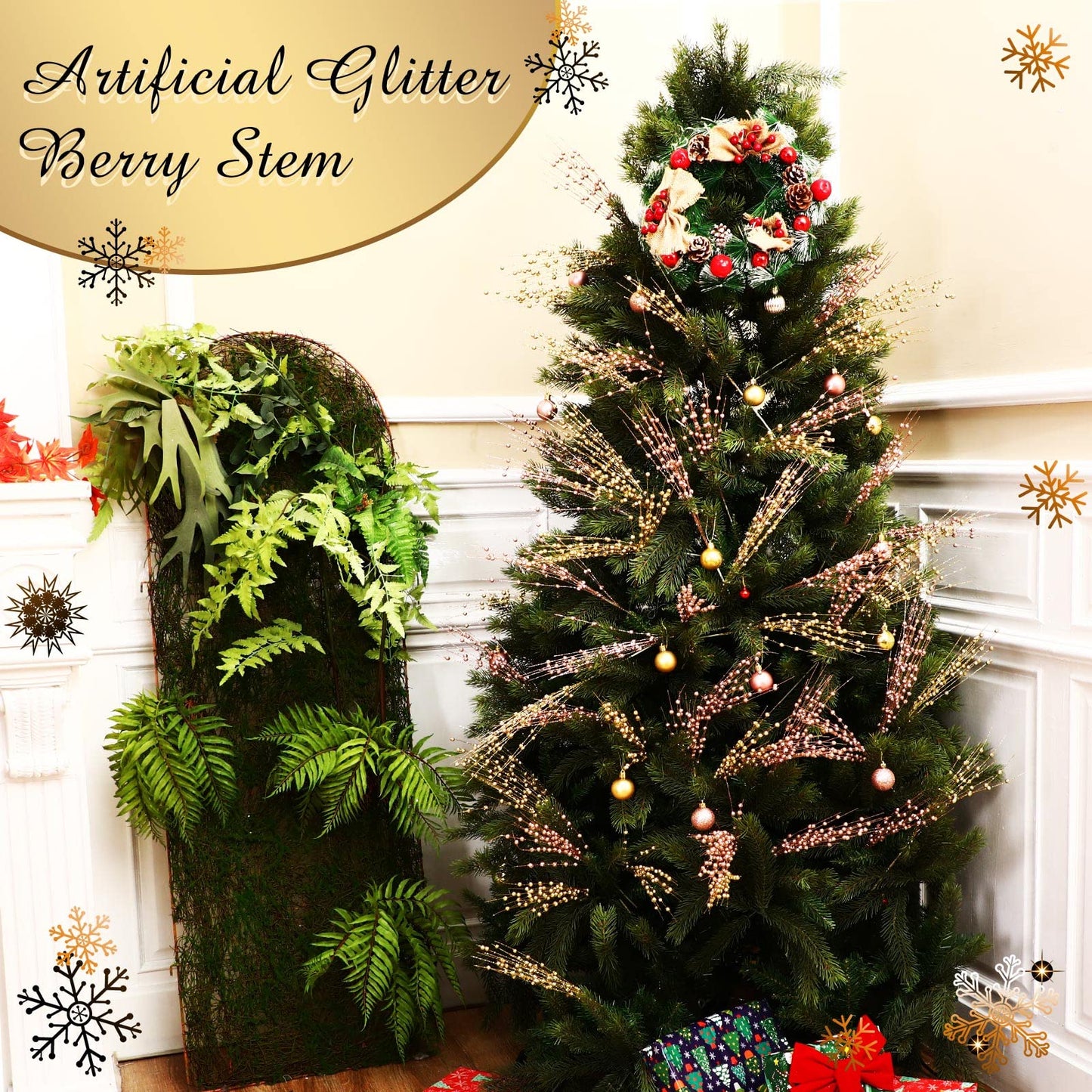 Geosar 30 Pcs Artificial Glitter Berry Stem Decorations 17 Inch Faux Stick Floral Pick Centerpiece Bouquet Flower Bead Twigs for Centerpiece Tree Wreath Ornaments Home(Gold)