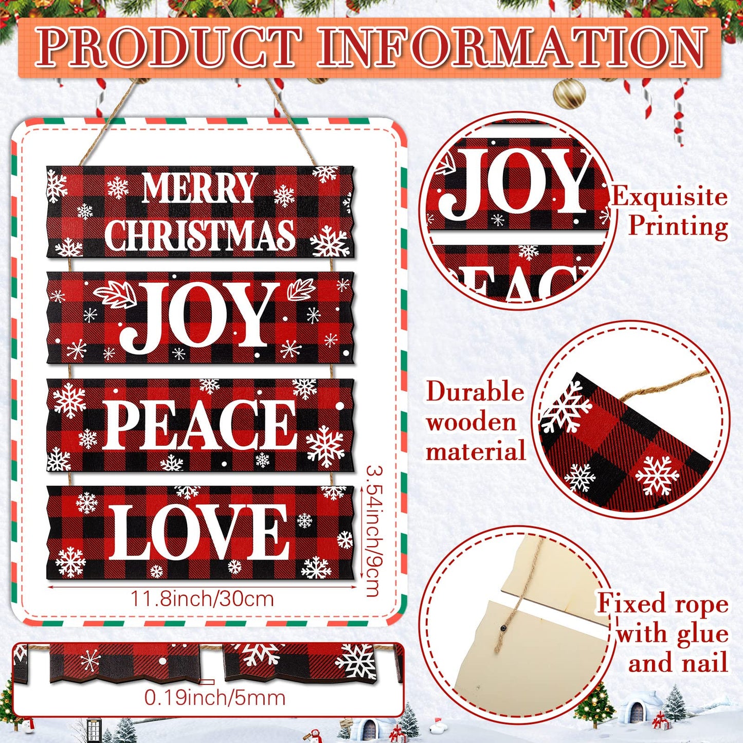 Geelin 4 Pcs Christmas Wood Hanging Signs - Merry Christmas, Joy, Peace, Love - Wooden Square Sign Decoration for Home Indoor Outdoor(Plaid Style)