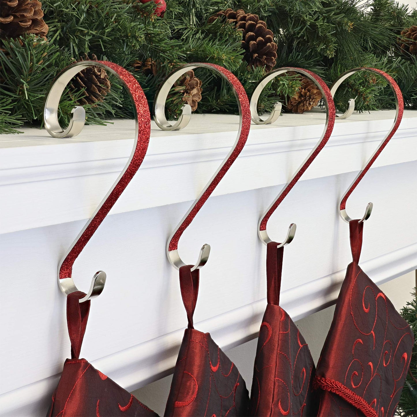 Haute Decor Stocking Scrolls Stocking Hanger - 4 Pack Glitter (Red) - Christmas Stocking Holder for Almost Any Mantel Size, Including Large