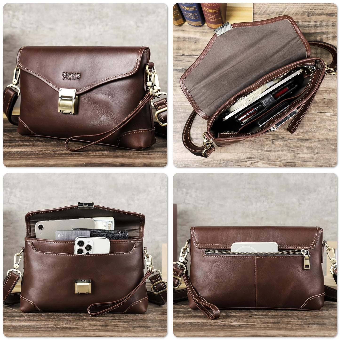Top Grain Genuine Leather Clutch Wallet for Man & Woman, Handmade Retro Design, Combination Lock & Adjustable Shoulder Strap & Wristlet, Portable Handbag for Cards/Checks/Phone/Banknote, Dark Coffee