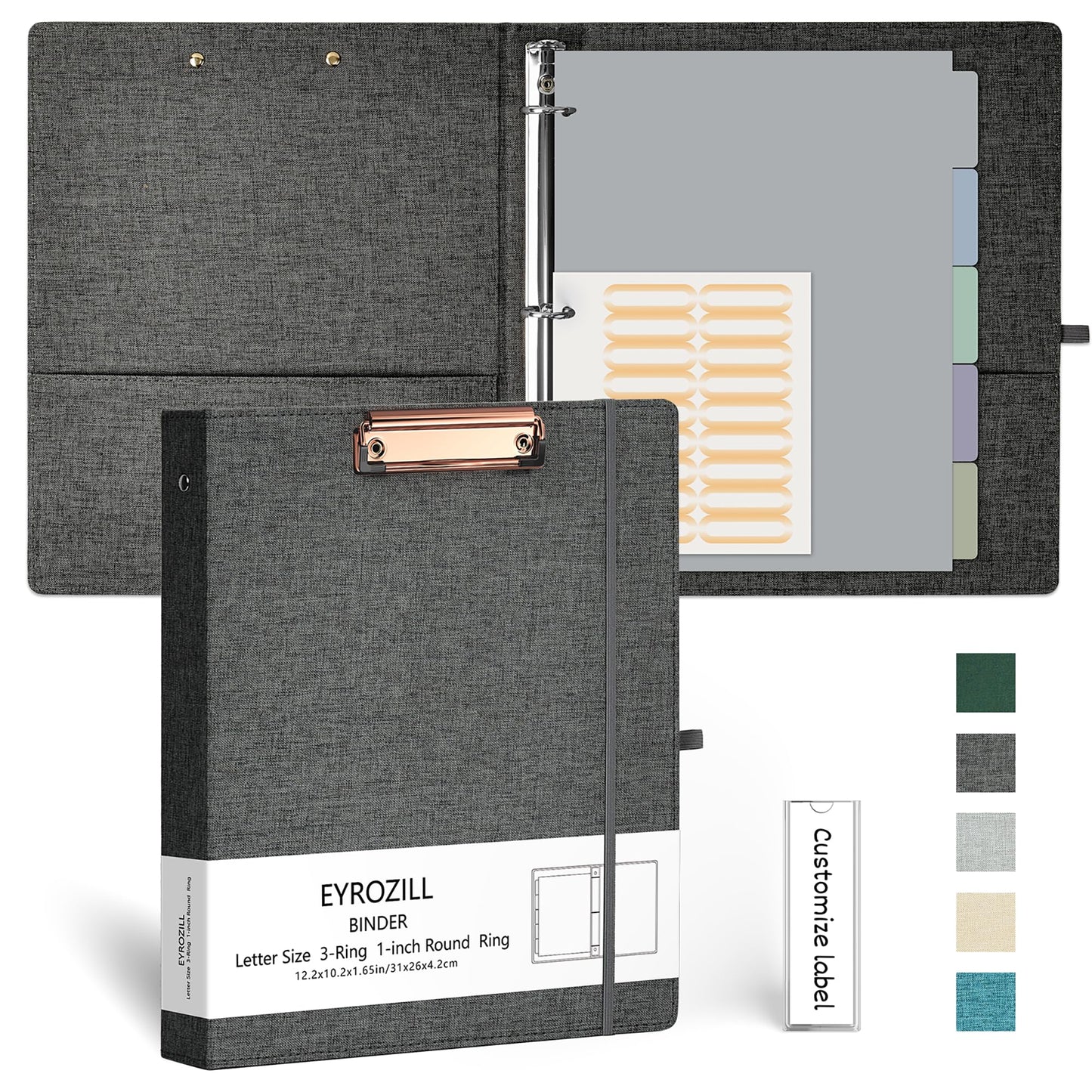 EYROZILL 3 Ring Binder, 1 Inch Linen Binder Organizer for Letter Size (8.5" x 11") with 5 Tab Dividers, File Folder Labels and Low Profile Clipboards, School and Office Supplies- Darkgrey