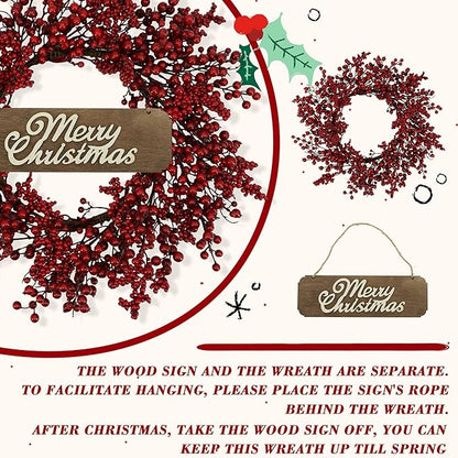 YNYLCHMX 20 Inch Christmas Wreath for Front Door, Winter Wreath with Welcome Sign Red Berries, Artificial Door Xmas Wreaths for Window Wall Fireplace Farmhouse Holiday Party Decoration
