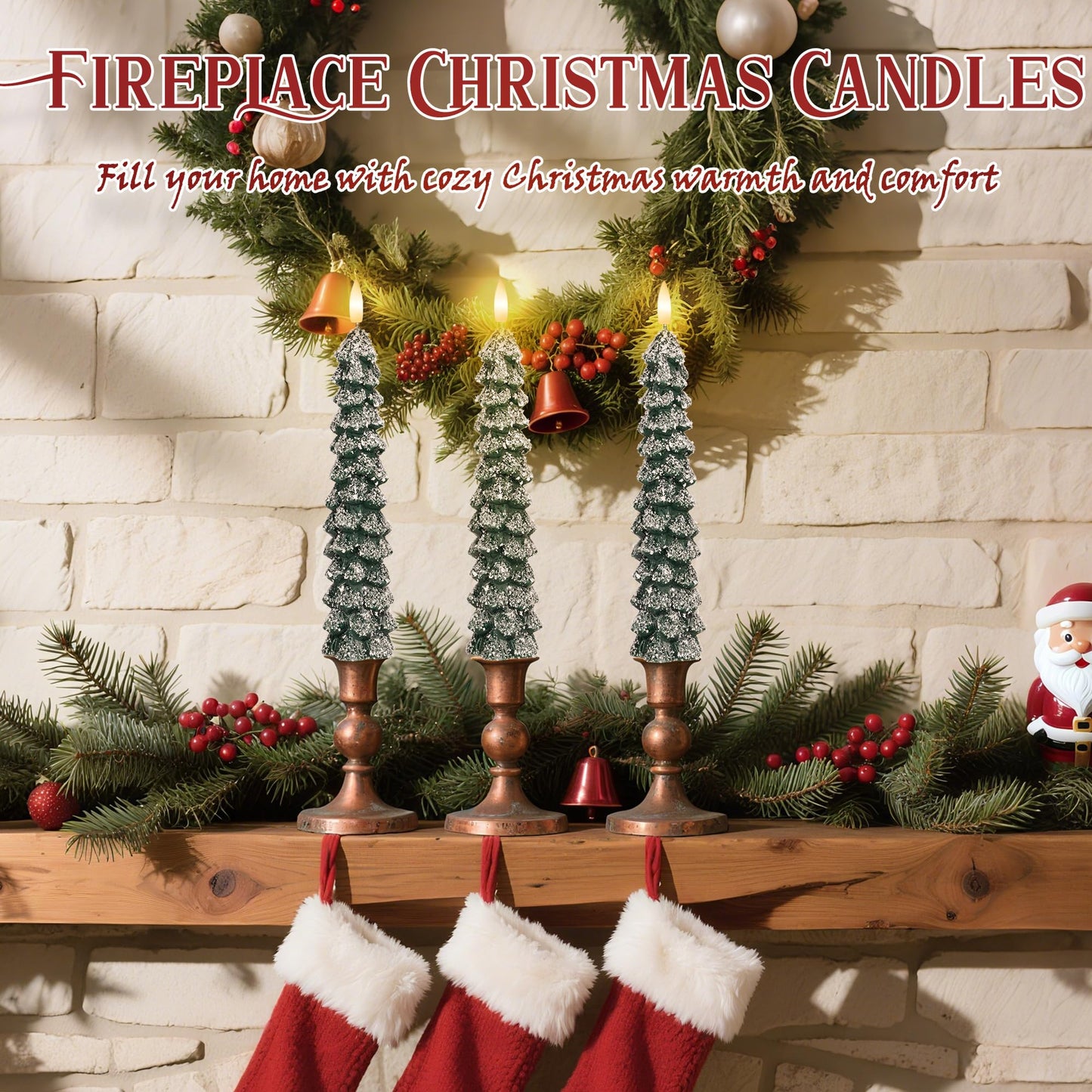 Christmas Tree Flameless Taper Candles with Remote 3 Packs, Battery Operated Real Wax LED Candlesticks with 3D Flickering Flame, Perfect for Holiday, Christmas and Home Decor, Green with Snowflake