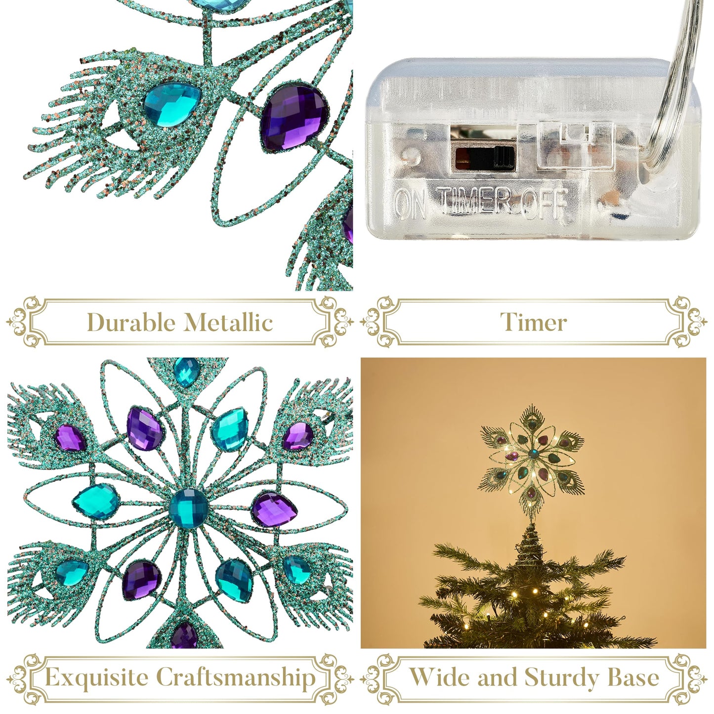Valery Madelyn Lighted Christmas Tree Topper Star with Timer for Tree Decorations, 13 Inch Blue and Silver Metal Star Tree Topper Snowflake Peacock Feather Jewel with Lights for Mardi Gras Decoration