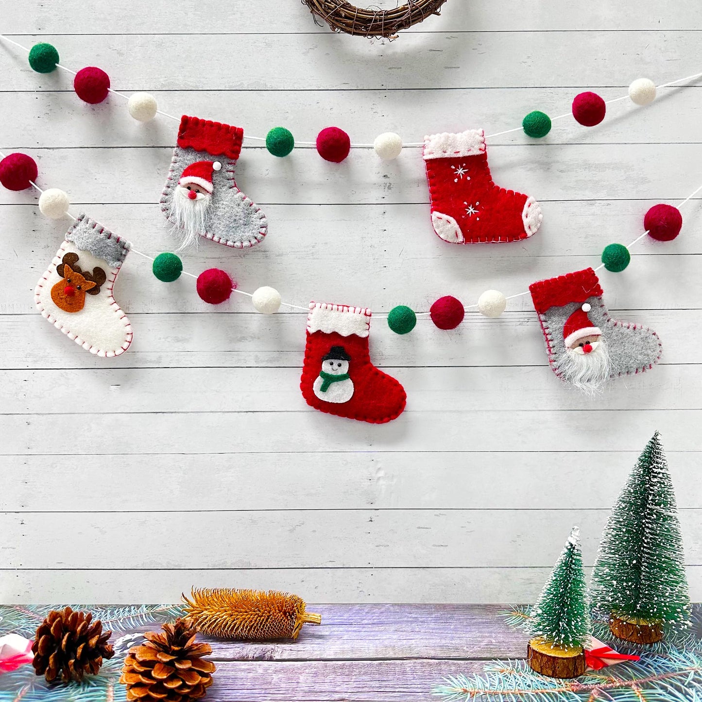 Wool Felt Christmas Decorations Clearance Garland Christmas Stockings Boots Banner Red Green White Felt Balls Pom Pom Garland Bunting for Xmas Tree Wall Home Fireplace Windows Party Decor Supplies