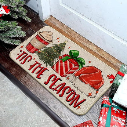 Christmas Hat Front Door Mat Indoor Outdoor Entrance 17x29, Tis The Season Xmas Winter Washable Non-Slip Rubber Red Doormat Inside Outside Entrance, Welcome Floor Mat for Home Holiday Decor AH32