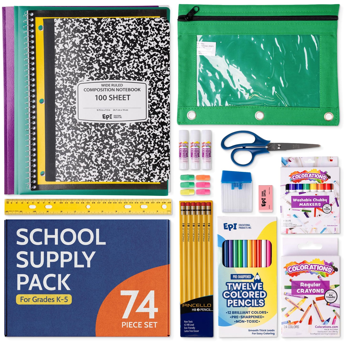 EPI Essentials Back to School Supplies for Kids – 74 Items in Kit – Kindergarten to 5th Grade School Supply Packs – Wide-Ruled Bundle with Composition Notebooks – Suitable for Homeschooling