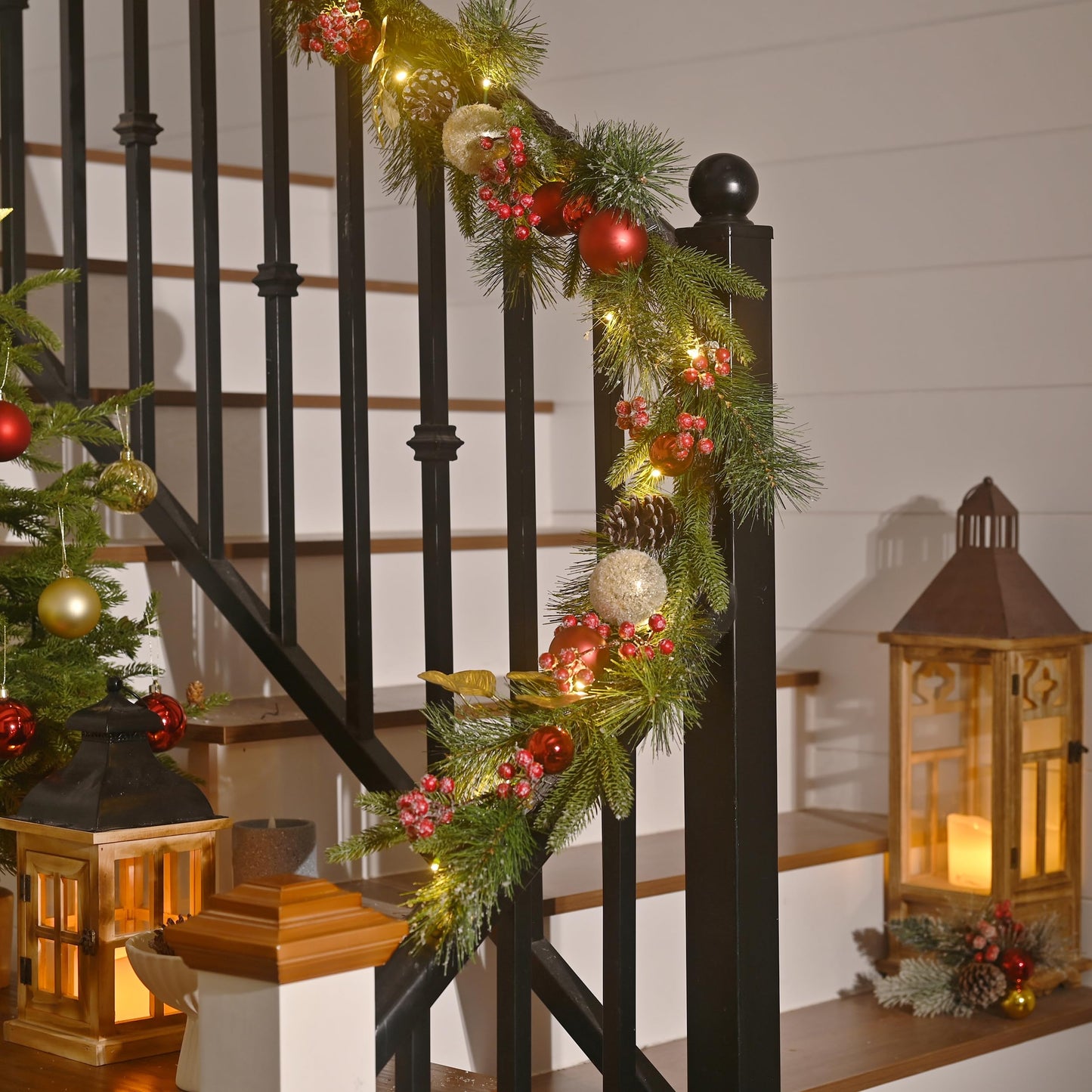 Valery Madelyn 6 Ft Pre-Lit Christmas Garland with Lights for Mantle, Lighted Outdoor Xmas Garland with Red Gold Balls Norfolk Pine for Home Stairs Fireplace Table Centerpiece Indoor Holiday Decor