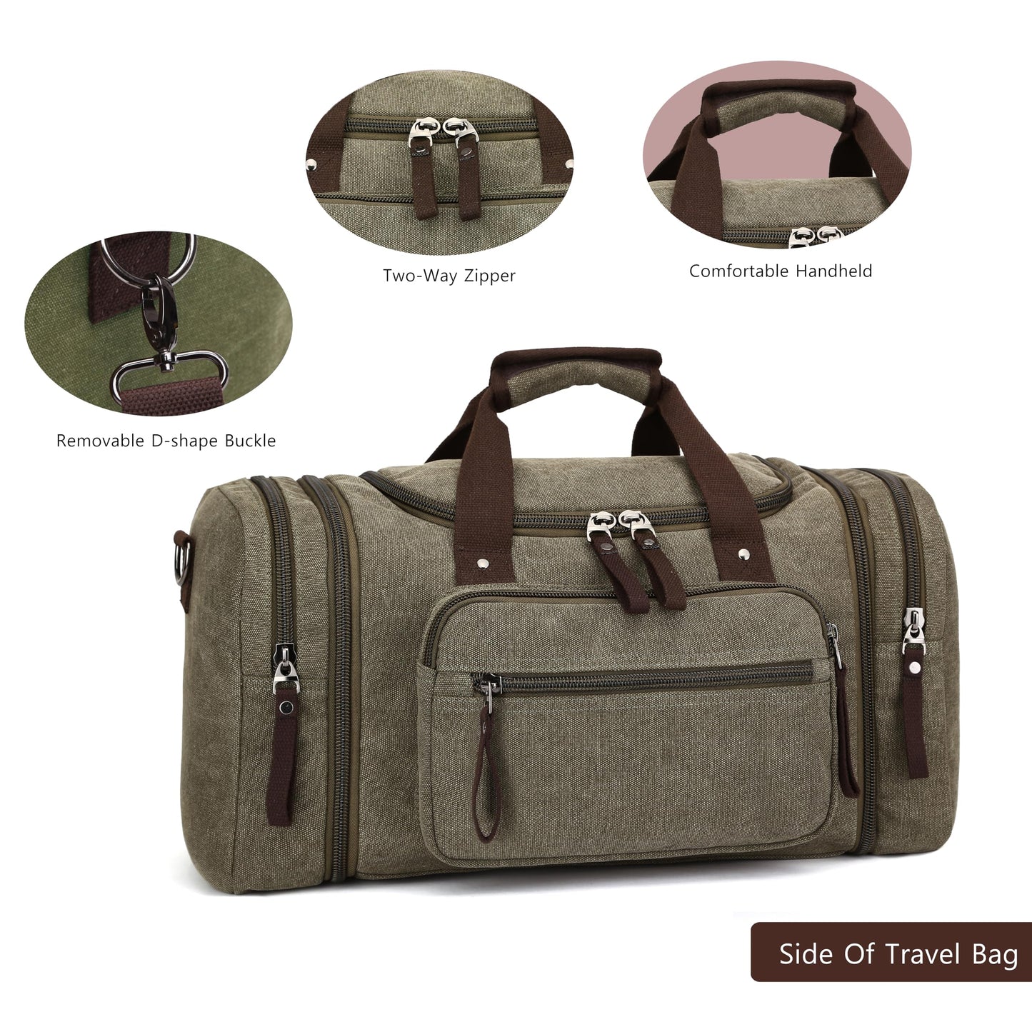 Travel bag large capacity men's luggage bag, expandable canvas leather 55 liters large capacity weekend hiking waterproof(green)