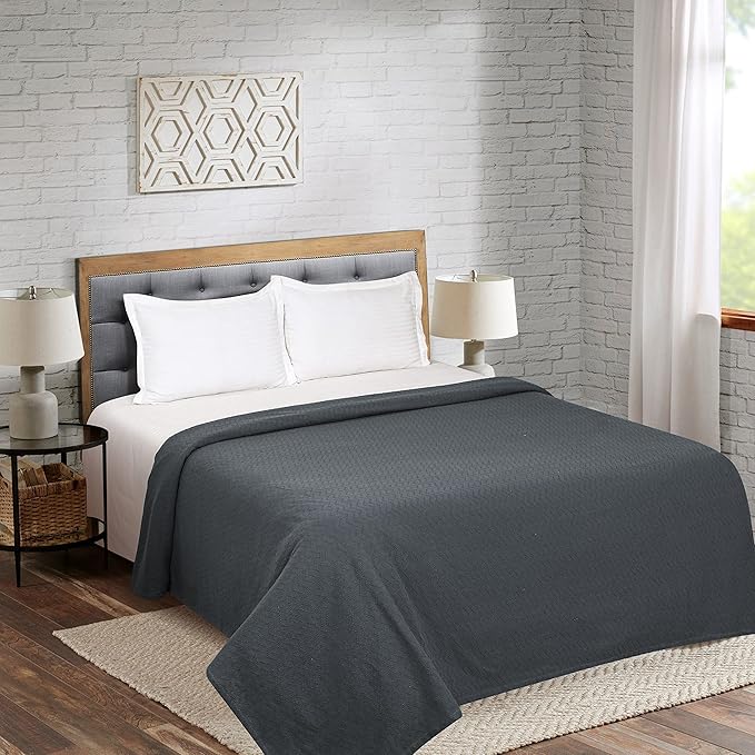 BELIZZI HOME 100% Cotton Bed Blanket, Breathable Thermal Blanket Full - Queen Size, Soft Chevron 90''x90'', Perfect for Layering Any All Season, Charcoal Grey
