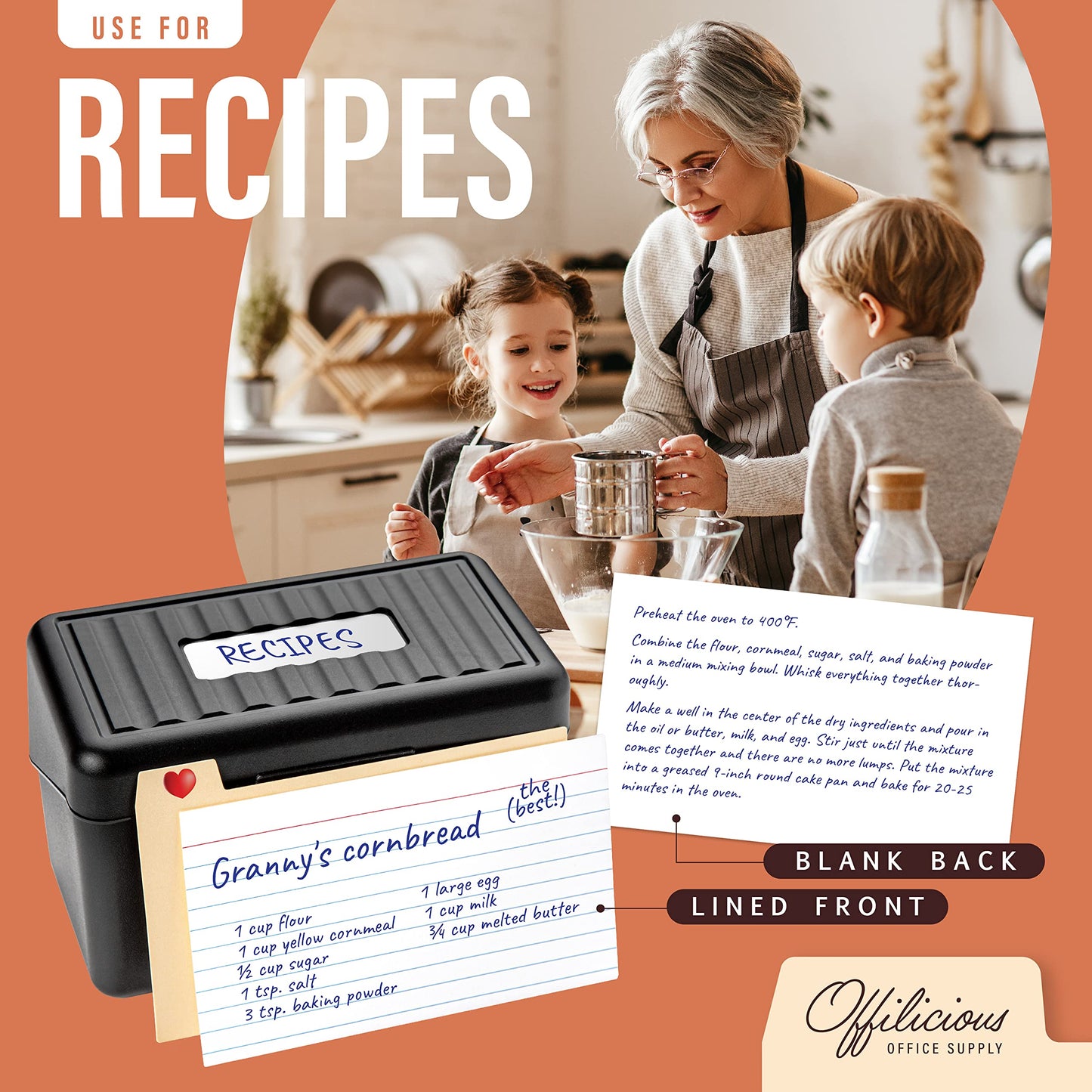 OFFILICIOUS Black Index Card Holder 4x6 - Index Card Box With Index Dividers, Ruled Cards & Stickers - Recipe & Flash Card Holder Box Organizer