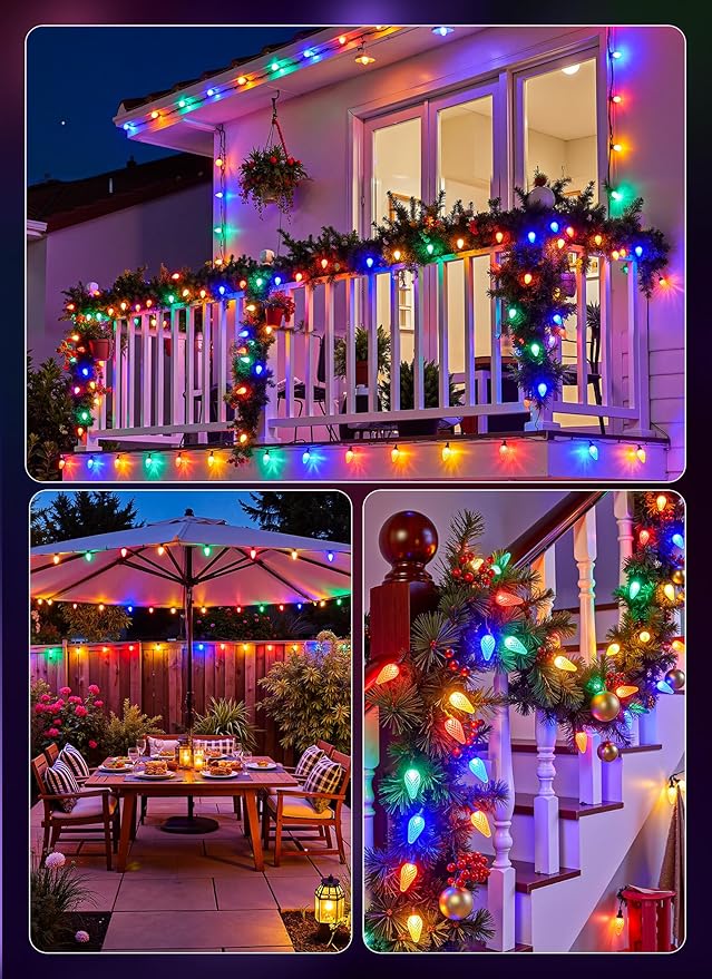 C9 Outdoor Christmas Lights, 33 FT 50 LED C9 String Lights, 8 Modes & Timer Connectable Waterproof for Christmas Tree light Indoor Outdoor Roofline Patio Outside Yard Holiday Xmas Decor, Multicolor