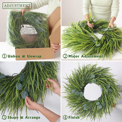 26" Artificial Saw Grass Wreath for Front Door, Lifelike Faux Saw Grass Wreath with Fake Eucalyptus Spring Summer Greenery for Wall Window Fireplace Farmhouse Home Outside Decoration