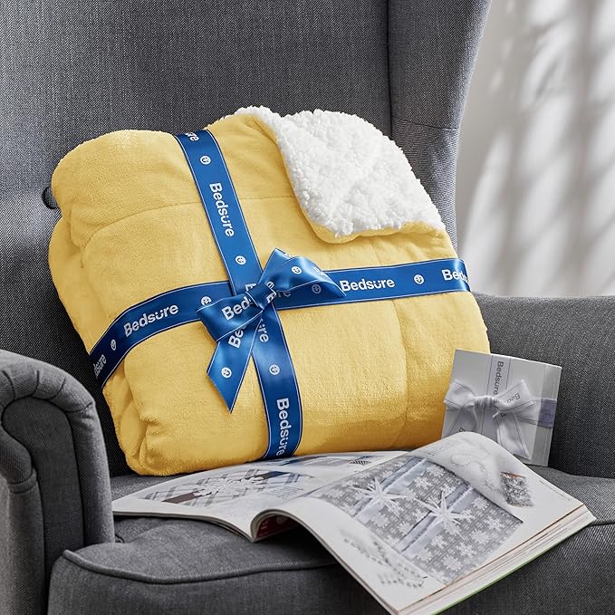 Bedsure GentleSoft Sherpa Fleece Throw Blanket for Couch - Thick and Warm, Soft Fuzzy Plush Throw Blanket for Winter, Yellow, 50x60 Inches
