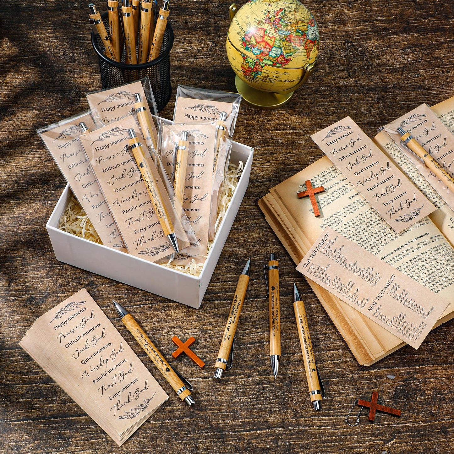 Spakon 100 Sets Fathers Day Gifts for Church Christian Pens Bulk Bible Verse Pen Religious Double Sided Emergency Numbers Bookmark for Men Women Sunday School