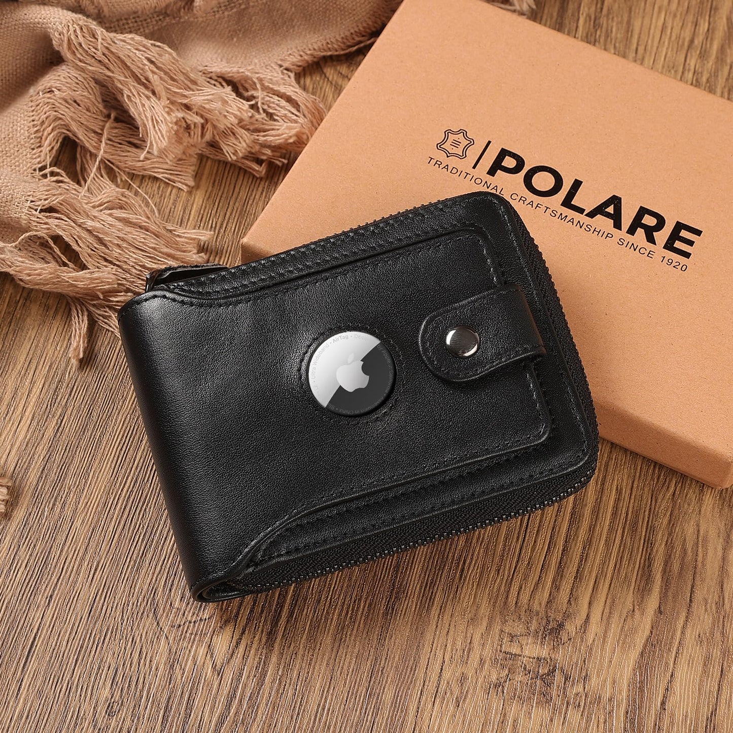 Polare Napa Leather Wallet for Men Bifold RFID Blocking Cash Credit Card Case with Air Tag Slot and YKK Zip Coin Pocket (Black with AirTag Slot)