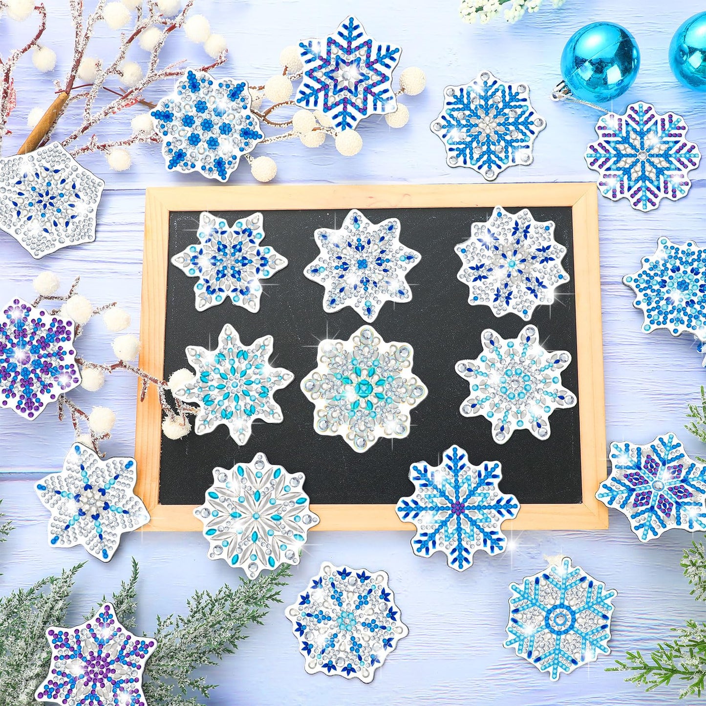 Copkim 20 Pcs Winter Christmas Diamond Art Magnets Winter Fridge Magnet Diamond Painting Snowflake 5D DIY Art Decals Craft for Xmas Ornaments Family Decor