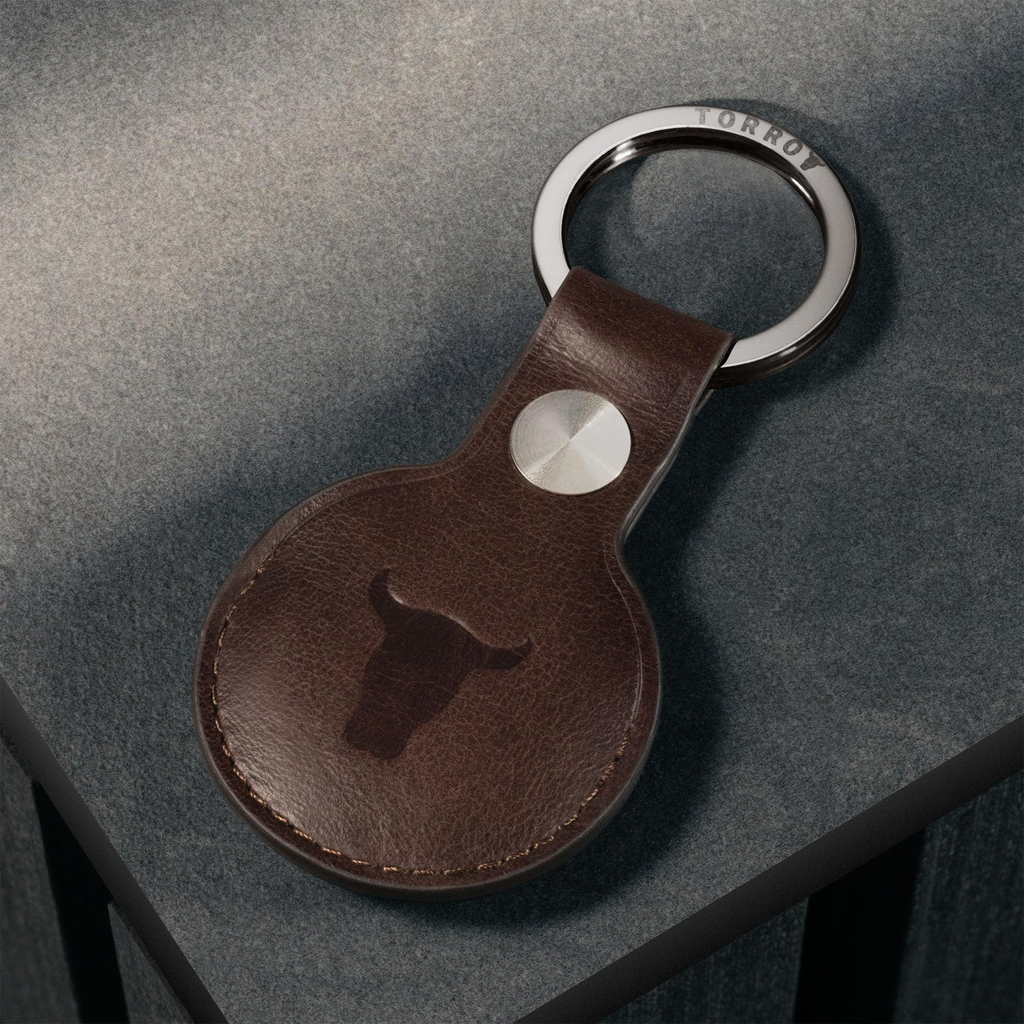 TORRO Leather Keyring/Keychain Compatible with AirTag – Premium Leather Key Holder with Brushed Metal Ring (Dark Brown)