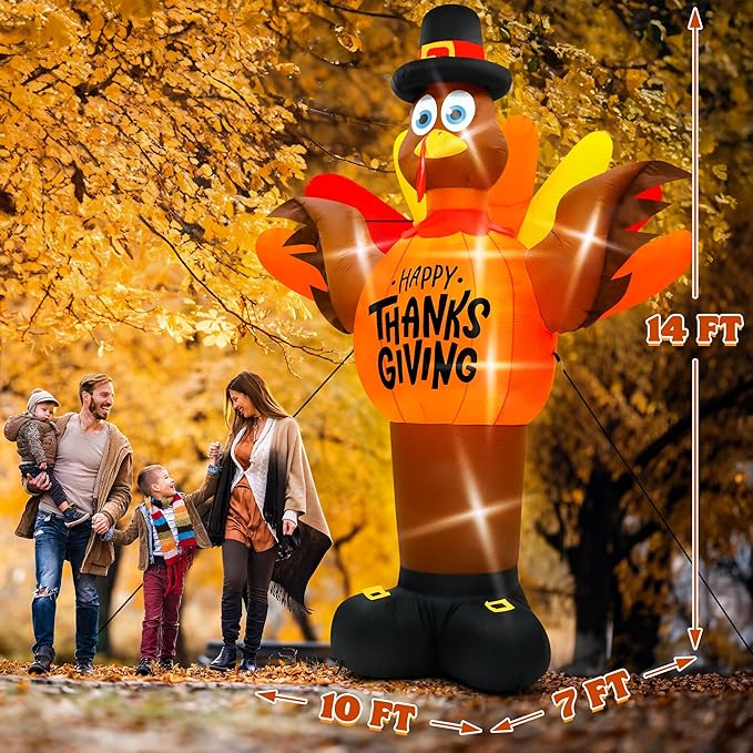 14FT Thanksgiving Turkey Inflatables, Extra Large Blow Up Thanksgiving Turkey Wearing Pumpkins, Pre-lit Happy Thanks Giving Outdoor Inflatable Decorations