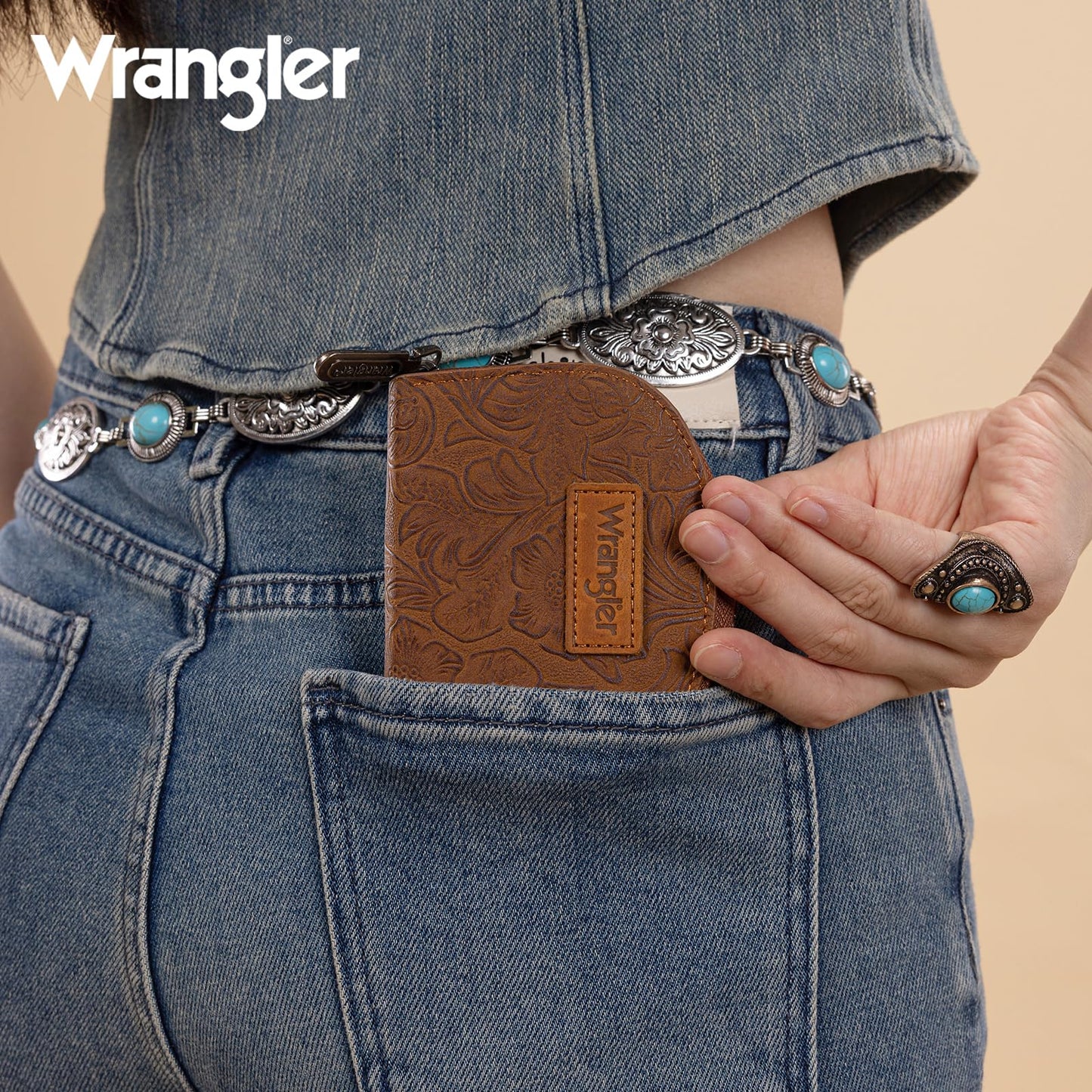 Montana West Wrangler Small Keychain Wallet for Women RFID Blocking Credit Card Holder Floral Tooling Coin Purse Brown WG338-W102-1BR