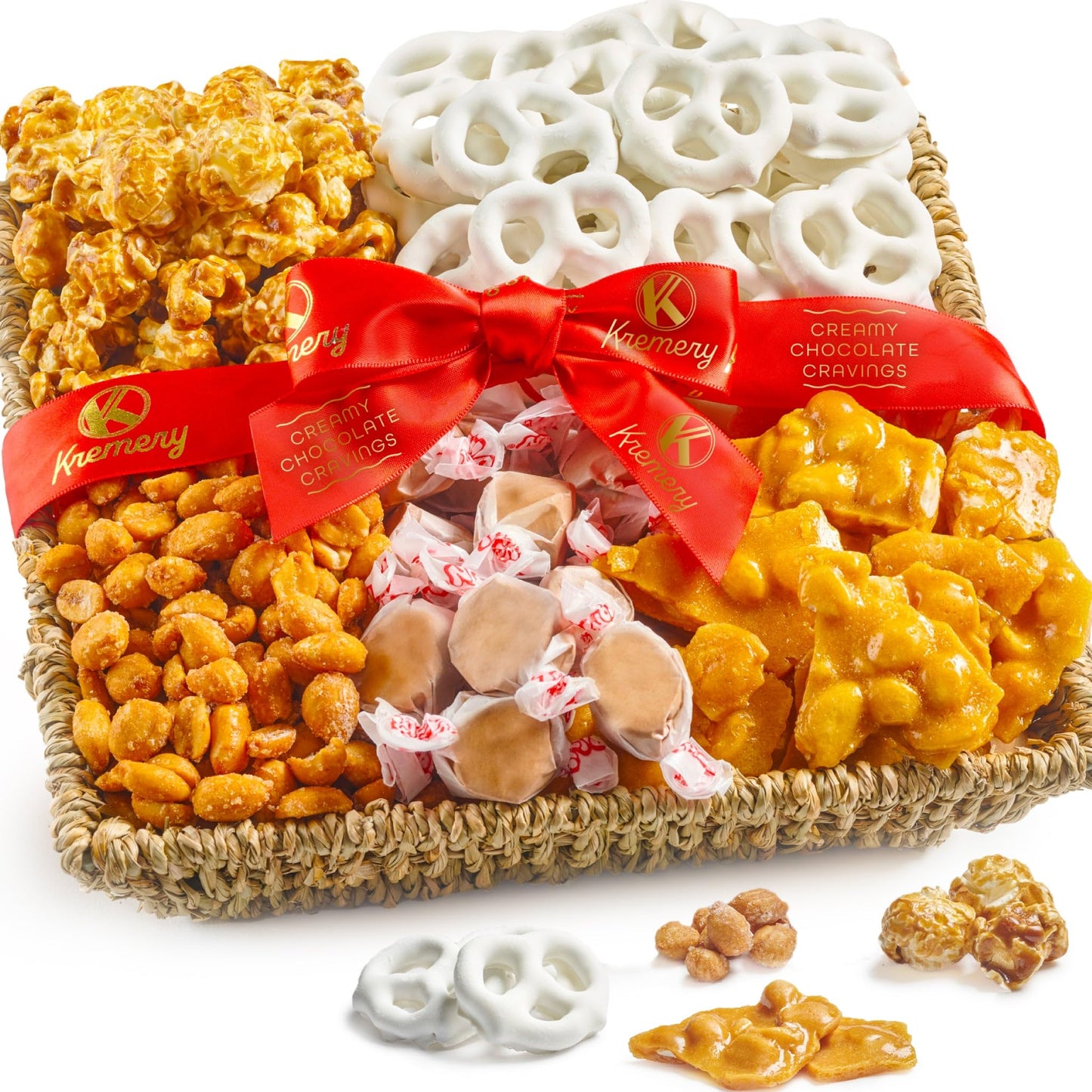 KREMERY Creamy Chocolate Cravings Chocolate Covered Pretzels, Nuts, Candy & Caramel Popcorn (Classic, 1.5 lbs) Sweet Treats in Seagrass Tray with Ribbon Kosher Arrangement