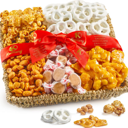 KREMERY Creamy Chocolate Cravings Chocolate Covered Pretzels, Nuts, Candy & Caramel Popcorn (Classic, 1.5 lbs) Sweet Treats in Seagrass Tray with Ribbon Kosher Arrangement