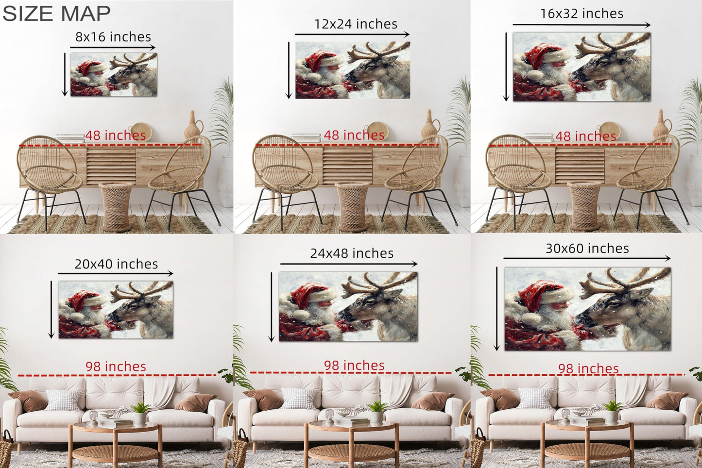 GUTTATY Christmas Santa and Reindeer Canvas Wall Art, Winter Snow Scene Hanging Artwork, Festive Canvas Prints, Holiday Wall Decor Picture for Living Room, Bedroom, Entryway, 32x16 Inch