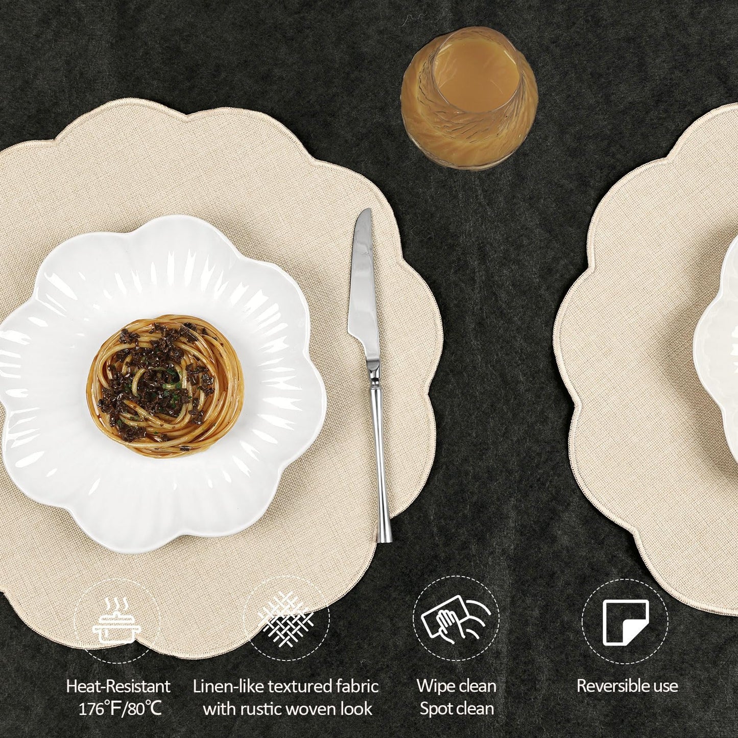 AHHFSMEI Round Faux Linen Placemats Set of 6 Waterproof Table Mats Heat Resistant Non-Slip and Stain Proof for Kitchen Dining Elegant Decor (Beige,6)