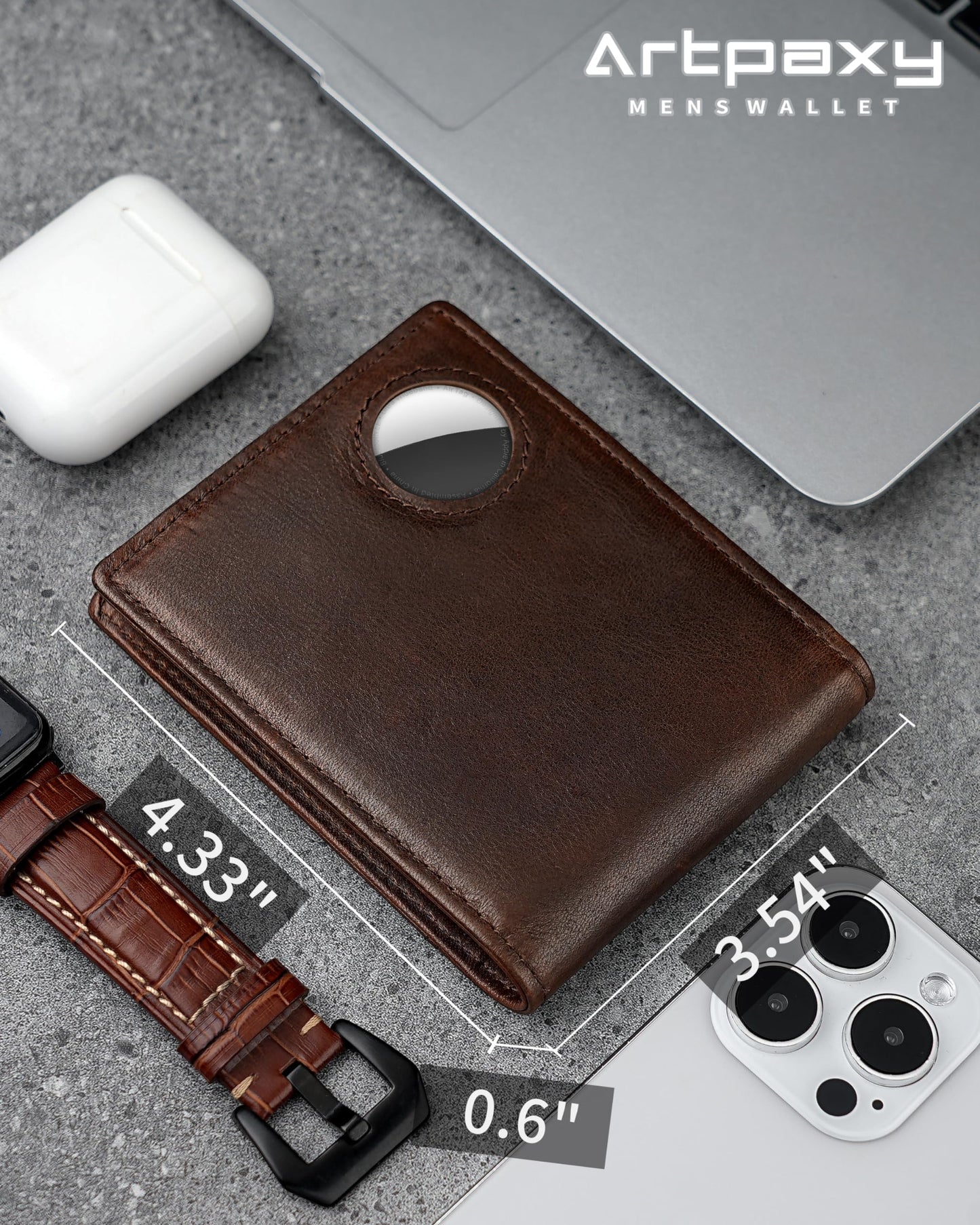 Mens Wallet With AirTag Holder, Bifold Leather RFID Blocking 2 ID Windows 12 Card Holders, Gift Box and Screen Protector Included, AirTag Not Included