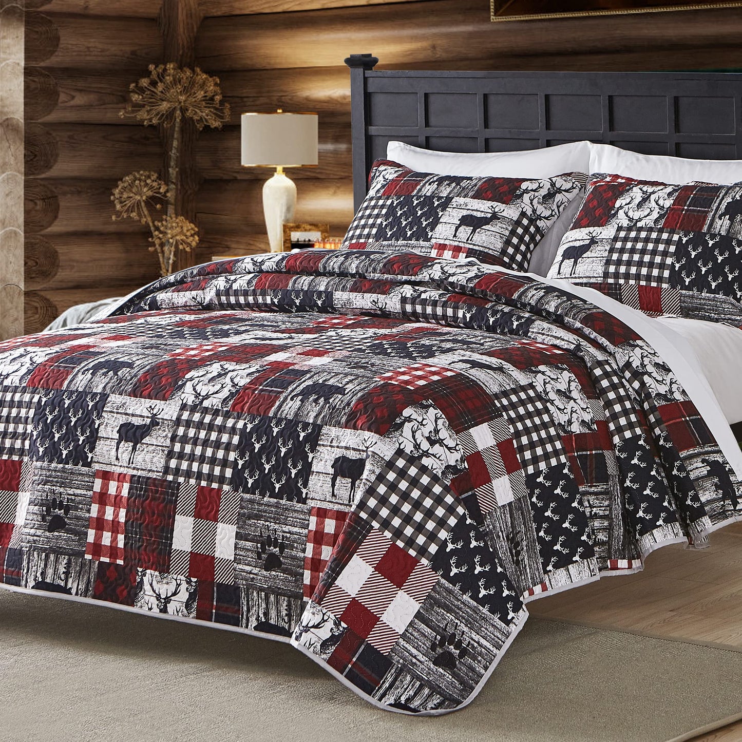 UMCHORD Cabin Quilt Set Queen, Christmas Rustic Quilt Coverlet Bed Set, 3-Piece Lightweight Reversible All Season Quilt Set, Lodge Bedspread Quilt with 2 Shams