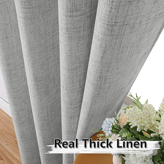 Tollpiz Linen Curtains Living Room Rod Pocket Semi Sheer Curtain Burlap Light Filtering Thick Linen Drapes for Bedroom, 38 x 63 inches Long, Silver Grey, Set of 2 Panels