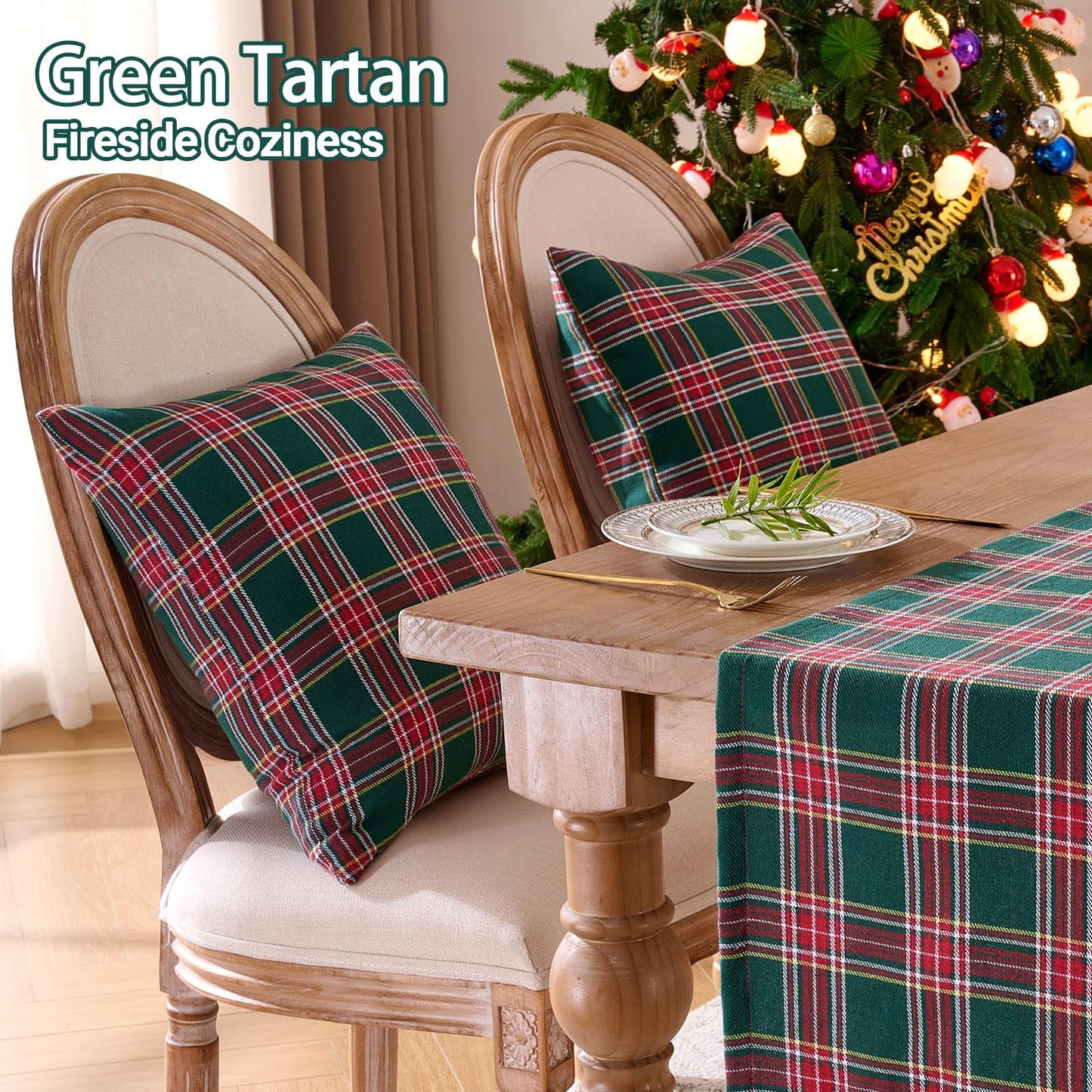 Green Tartan Plaid Christmas Decorative Throw Pillow Covers 18x18 Set of 2, Green Farmhouse Christmas Decor Buffalo Plaid Pillows for Couch & Living Room, Traditional Country Xmas Decorations