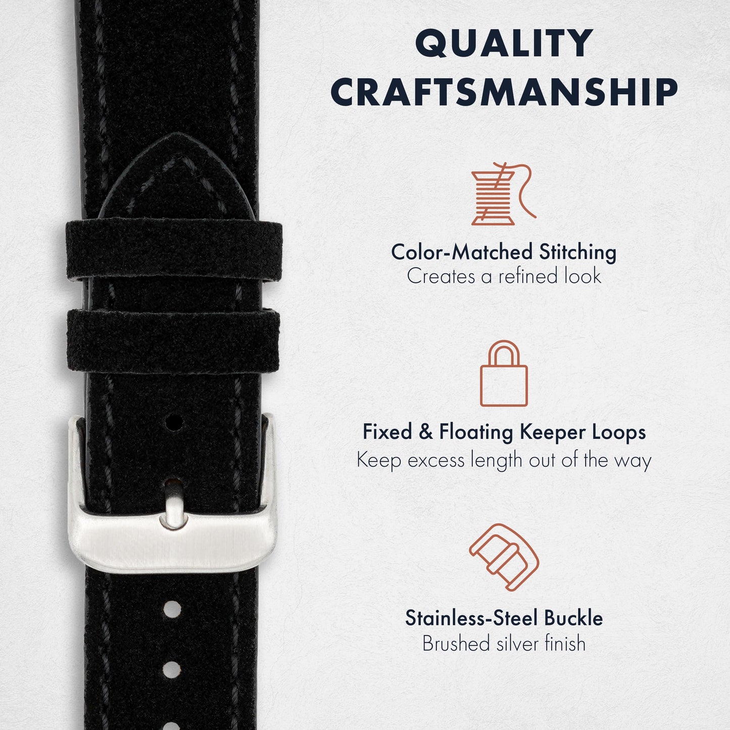 Benchmark Suede 20mm Leather Watch Band – 20mm Quick Release Watch Band with Stainless-Steel Buckle & 9 Adjustable Holes – Black Leather Watch Bands for Men & Women (20mm, Black)