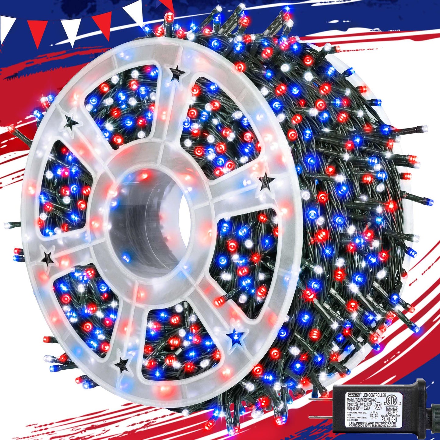 kemooie 4th of July Patriotic Decoration, 500 LED Red White and Blue Lights with 8 Modes, Outdoor Waterproof String Lights for Fourth of July, Memorial Day, Independence Day Decor