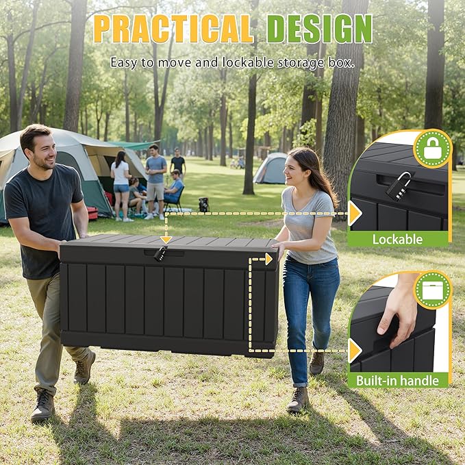 Greesum 82 Gallon Resin Deck Box Large Outdoor Storage for Patio Furniture, Garden Tools, Pool Supplies, Weatherproof and UV Resistant, Lockable, Black